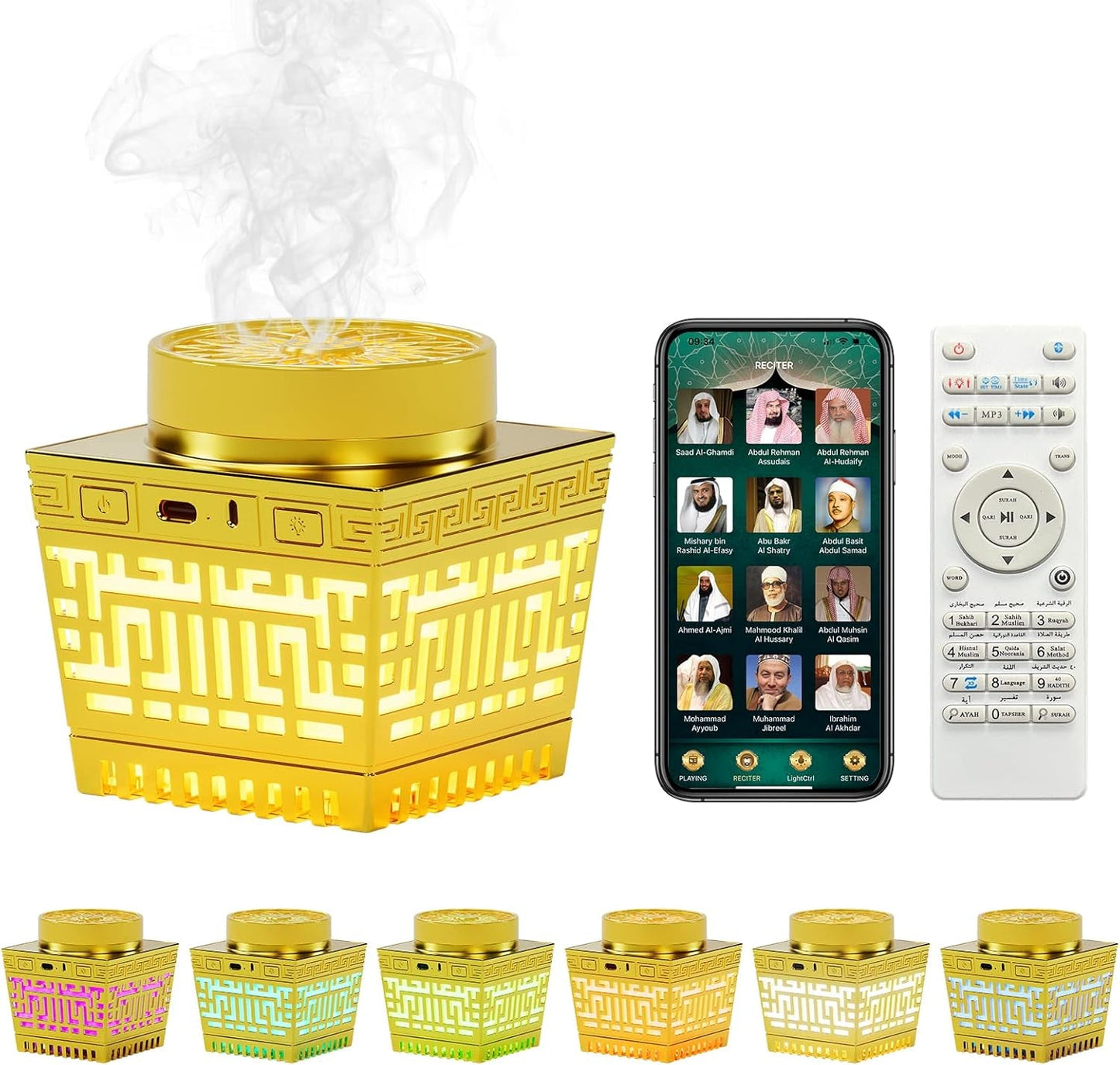Quran Speaker & Mini Incense Burner Bakhoor,Remote Control with 114 Quran Chapters, Multicolor Changing Bluetooth Speaker, Night Light MP3 Music Player with 18 Reciters and 17 Translations