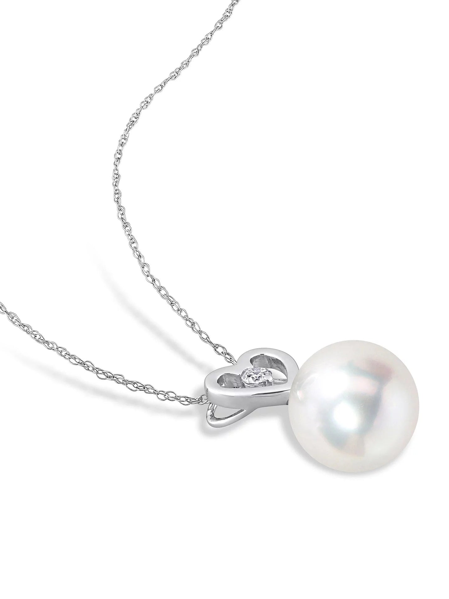 Women'S 9.5-10Mm South Sea Cultured Pearl and Diamond Accent 10Kt White Gold Heart Drop Pendant