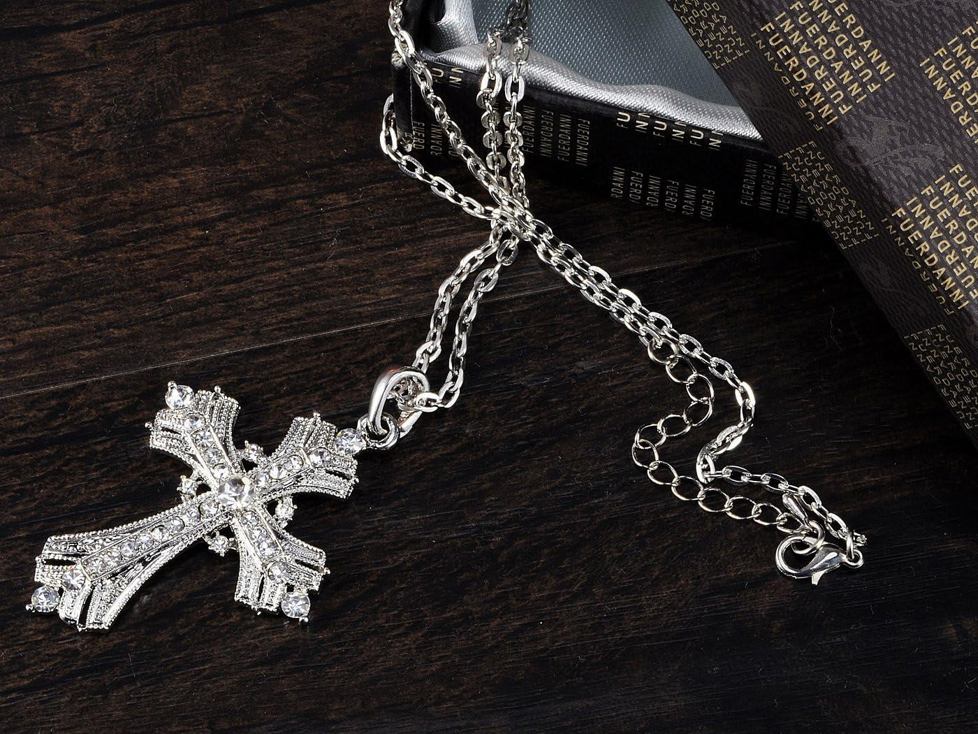 Silvery Tone Religious Cross Pendant Necklace W/Aquamarine Blue or Clear Crystal Rhinestones