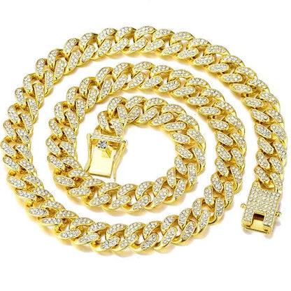 Iced Out Watch 18K Gold Diamond Miami Cuban Chain Link Choker Hip Hop Jewelry Gold Chain for Men Necklace Bracelet Ring Set