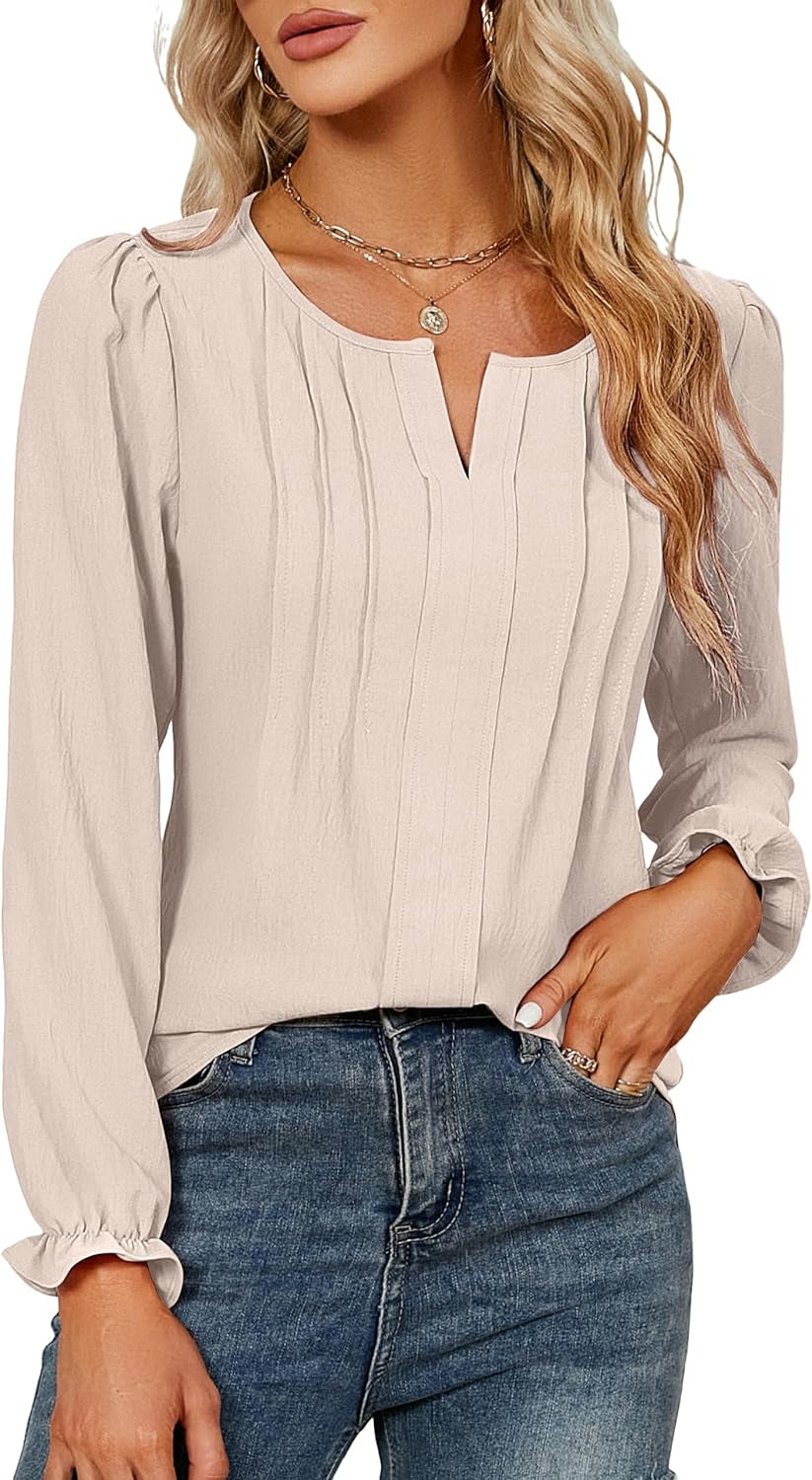 Womens Tops Dressy Casual Long Sleeve Shirts V Neck Chiffon Blouses Fall Clothes 2024