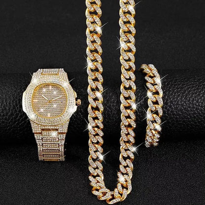 3 Colors 13MM Iced Out Chain Hip Hop Watch Necklace Bracelet Bling Miami Cuban Link Chain Mens Jewelry Set Relojes Hombre