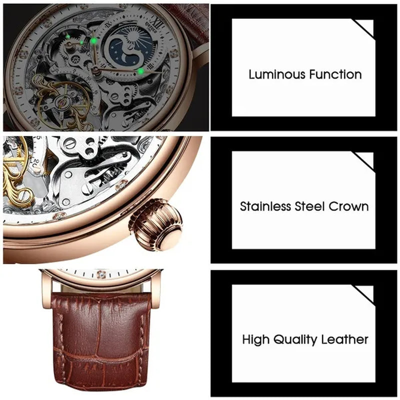 KINYUED Mechanical Automatic Watch Men Tourbillon Wristwatch Sports Clock Mechanism Self Winding Watches Casual Moon Horloge Man Watches