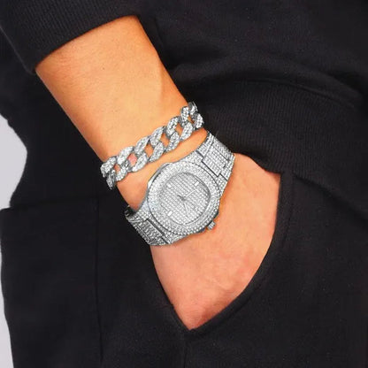 2 Pcs/set Luxury Full Iced Out Watch Mens Cuban Link Chain Bracelet Watch Bling Jewelry for Men Big Gold Chains Hip Hop Men Watch Set