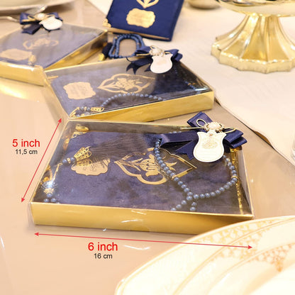 IEF Pack of 5 Personalized Velvet Yaseen Dua Book Prayer Beads Islamic Party Favor Gift, Decorated Navy Blue Pearl Prayer Bead Muslim Gift Set for Ramadan Eid Hajj Umrah Wedding Baby Shower