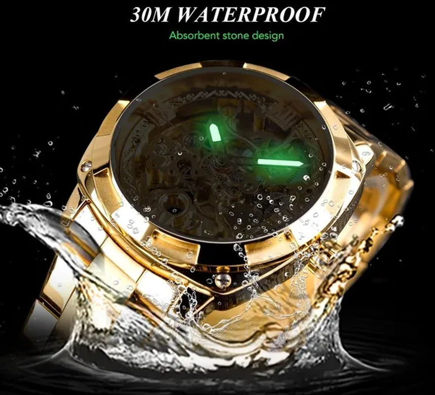 FORSINING New Top Quality Men Luxury Skeleton Automatic Winding Mechanical Watches Gold Stainless Steel Waterproof Wristwatch with Gift Box