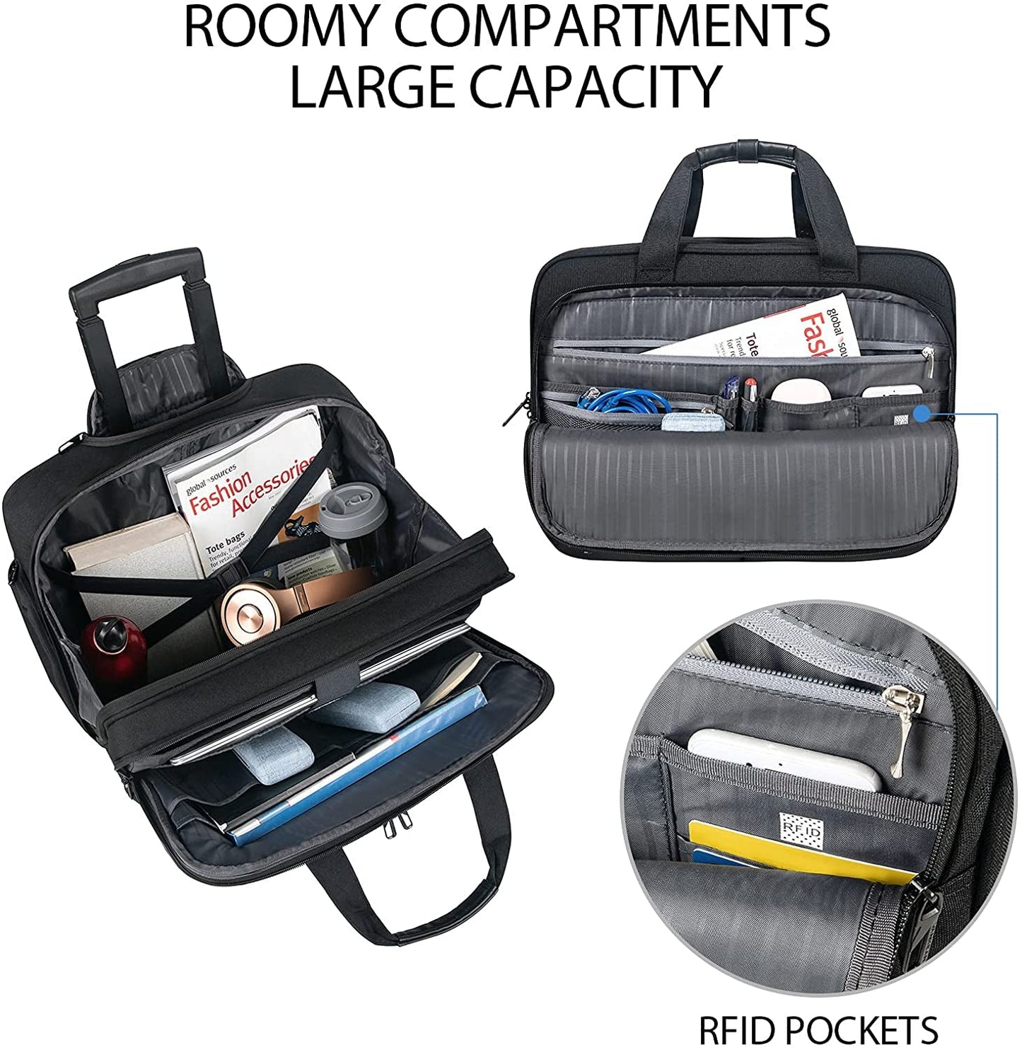 17.3 Inch Rolling Laptop Bag, Waterproof Overnight Rolling Bags, Laptop Bags for Travel/Work/Business, Stylish Carry on Briefcase, Black