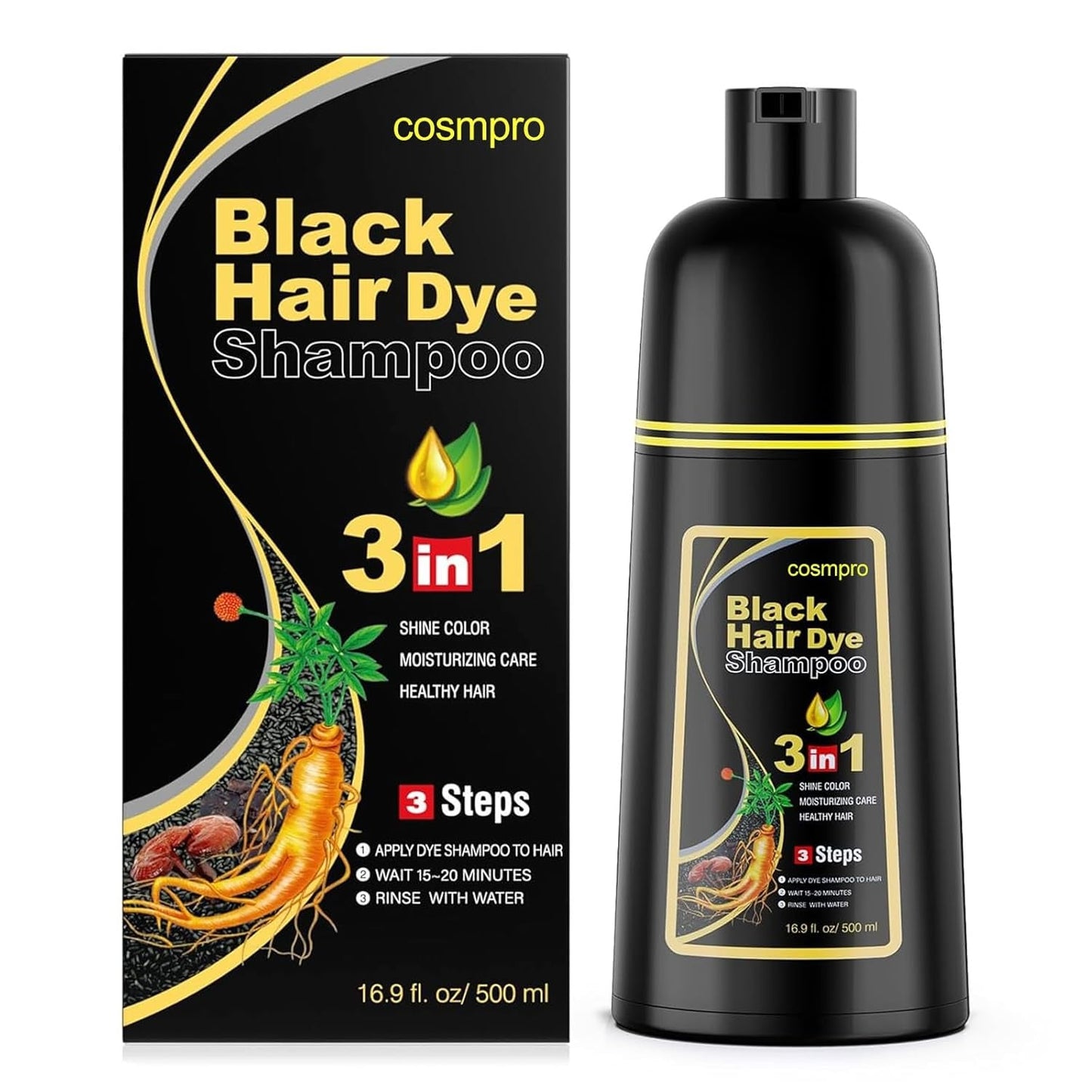 Black Hair Dye Shampoo 3 in 1 for Women/Men for Gray Coverage Instant Hair Color Shampoo Natural Herbal Semi Permanent Champu Para Cana