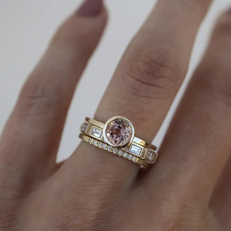 3PCS/Set Exquisite Champagne Zircon Engagement Rings Beautiful Women Fashion Luxury Accessories Anniversary Gift Birthday Party Bridal Wedding High Jewelry Set Size US4-11