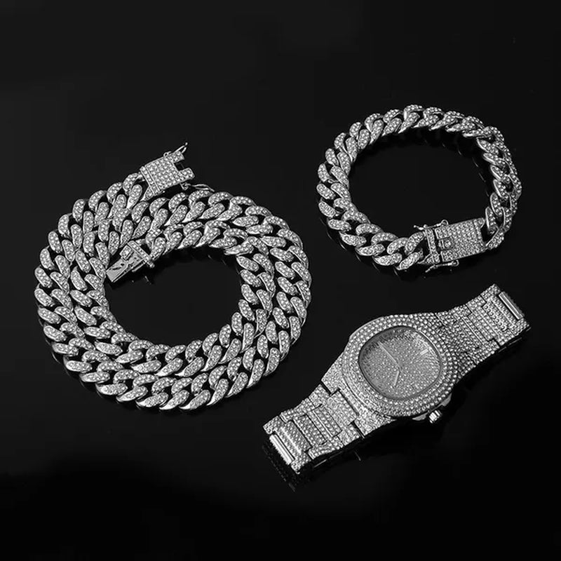 Iced Out Watch 18K Gold Diamond Miami Cuban Chain Link Choker Hip Hop Jewelry Gold Chain for Men Necklace Bracelet Ring Set