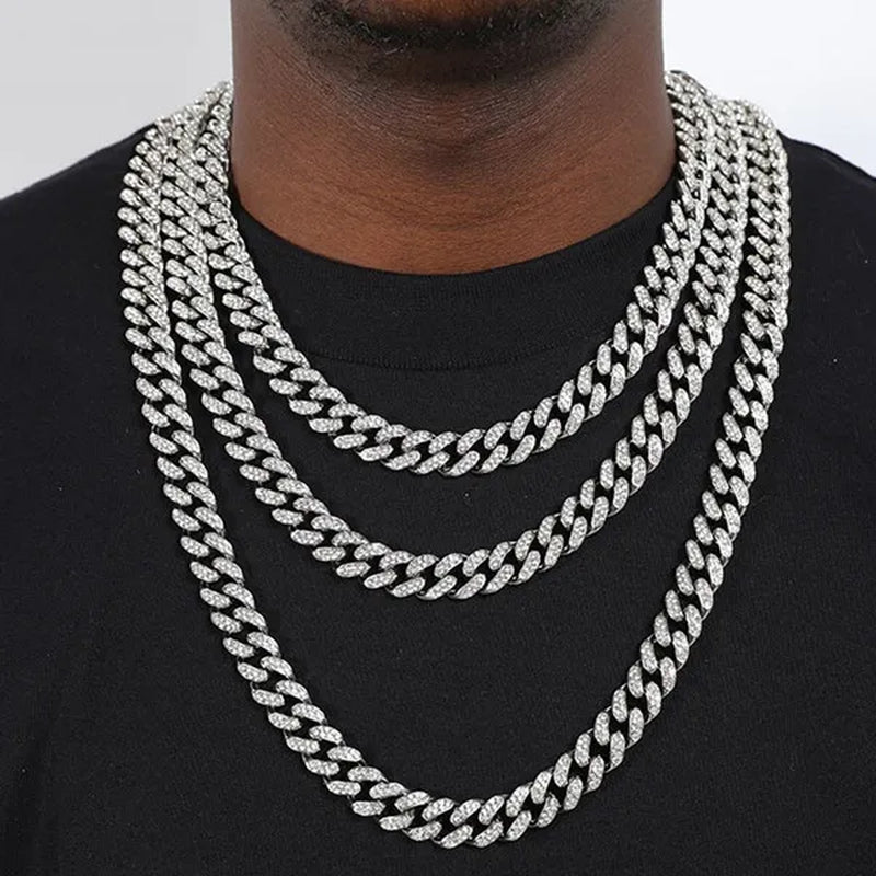 Hip Hop Iced Out Paved Rhinestones 13MM Full Miami Curb Cuban Chain CZ Bling Rapper Necklaces Bracelet Watch for Men Jewelry Set