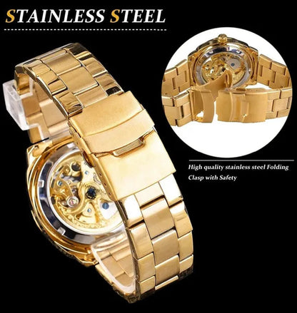 FORSINING New Top Quality Men Luxury Skeleton Automatic Winding Mechanical Watches Gold Stainless Steel Waterproof Wristwatch with Gift Box