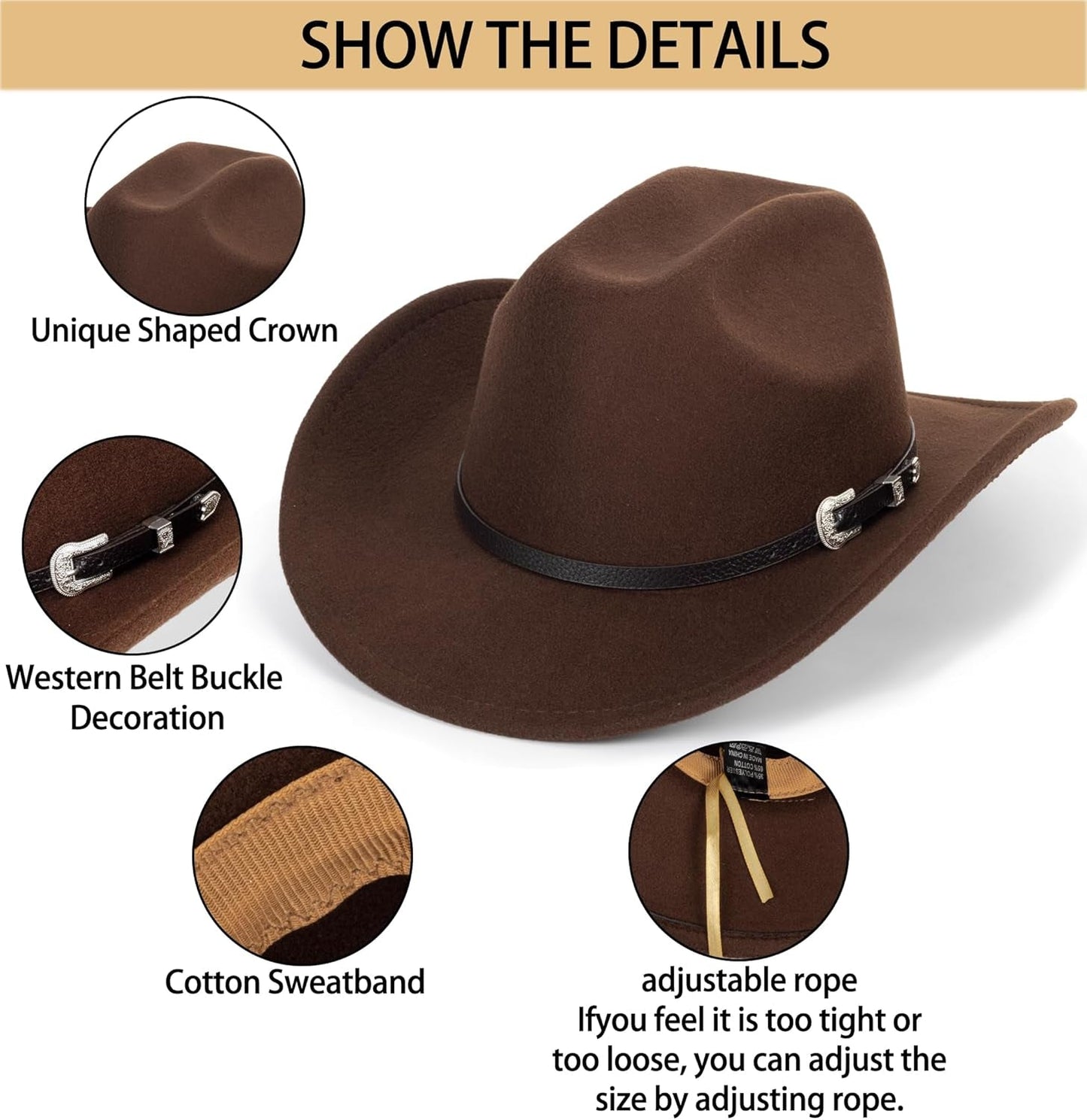 Western Cowboy Hat for Men Women Classic Fedora Hat with Buckle Belt (Size:M-L)