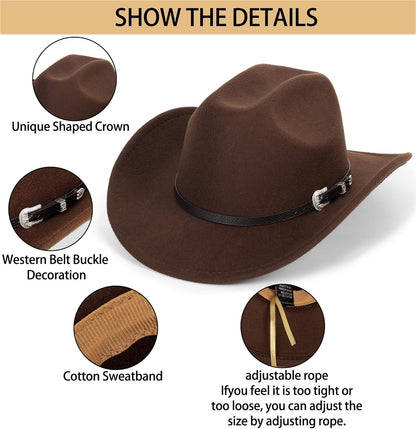 Western Cowboy Hat for Men Women Classic Fedora Hat with Buckle Belt (Size:M-L)