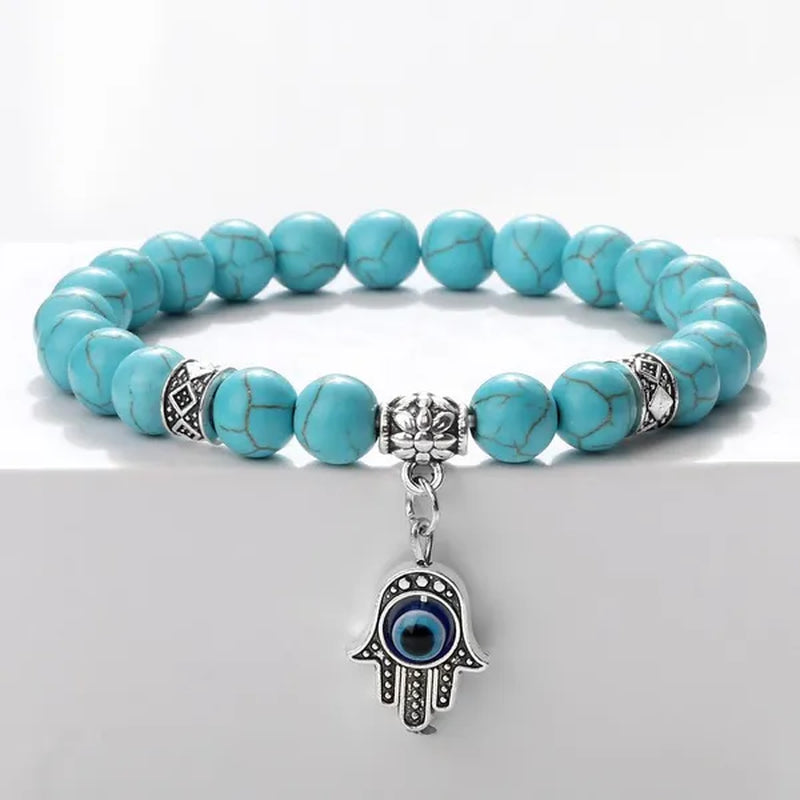 Turkey Evil Eye Beaded Bracelets Butterfly Buddhist Palm Hand Owl Turtle Alloy Pendant Bracelet Women Men Lucky Stretch Bangles Jewelry