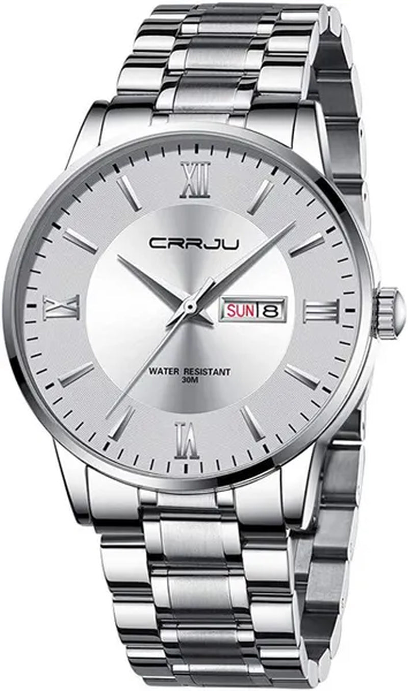 CRRJU Men's Minimalist Leisure Luxury Automatic Dating Watch Fashion Business Japanese Movement Quartz Waterproof Watch Men's Silver Stainless Steel Watch Band