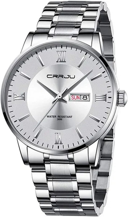 CRRJU Men's Minimalist Leisure Luxury Automatic Dating Watch Fashion Business Japanese Movement Quartz Waterproof Watch Men's Silver Stainless Steel Watch Band