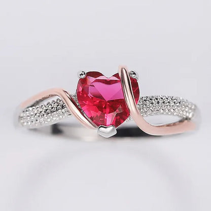 Trendy Gold Silver Two Tone Silver Plated Heart Ruby Micro Pave Lab Diamond Rings for Women Romantic Wedding Fine Jewelry