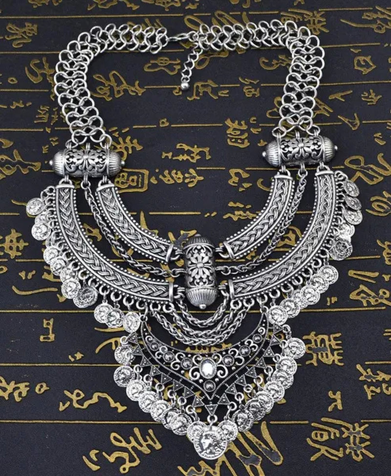 Vintage Silver Gold Chains Fine Jewelry Coins Tassel Choker Necklace Women Big Flower Moon Statement Necklace