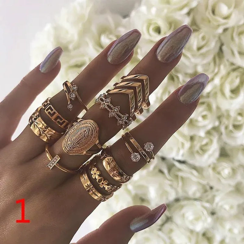 10style Retro Beauty Avatar  Coin Cross Ring Set Pattern Love Fatima Palm   Ring Set for Women