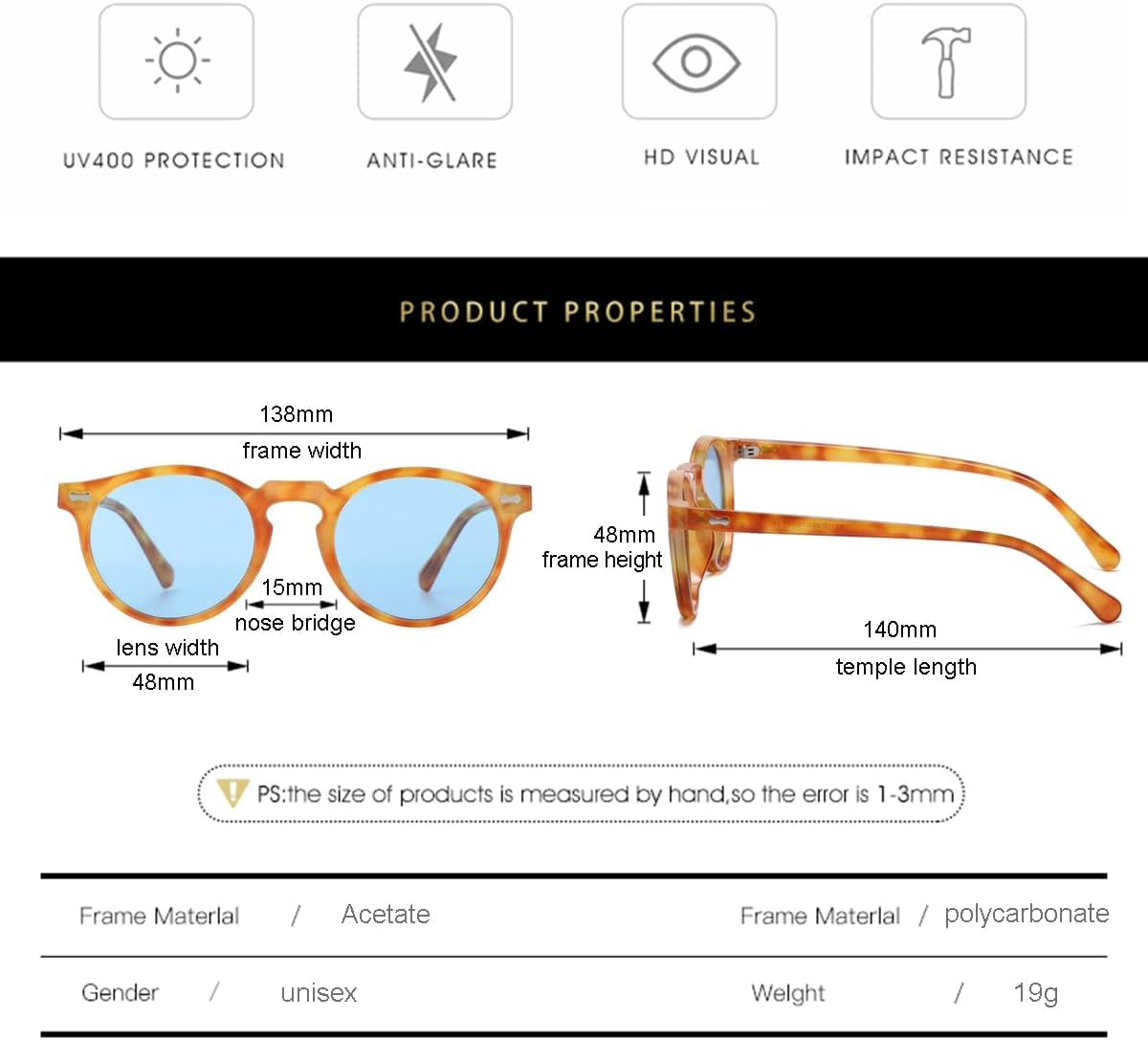 Vintage Polarized Sunglasses for Men round Sunglasses UV400 Protection Retro Hand-Crafted Acetate Frame