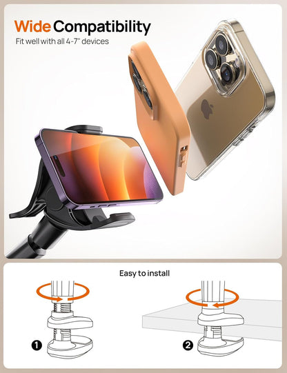 Gooseneck Phone Holder for Bed - [2025 Upgrade Nylon Braid] 38” Long Flexible Lazy Arm Clip, 360 Adjustable Overhead Phone Mount for Iphone 15 14 13 12 11 Pro Max Mini Plus, All 4-7" Cellphone