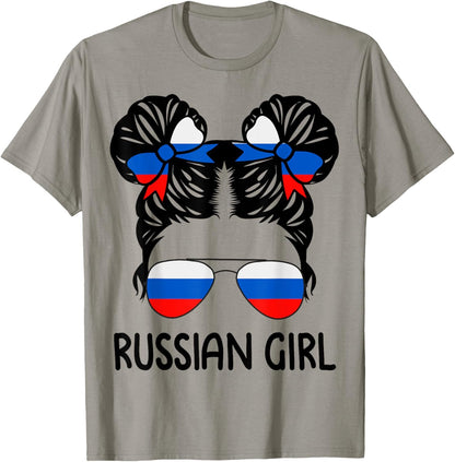 Russian Girl Messy Hair Russia Pride Patriotic Womens Kids T-Shirt