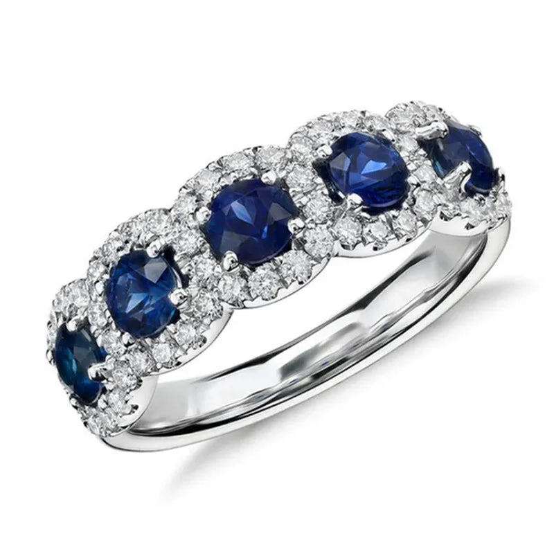 Trendy Women Wedding Rings Silver Plated Diamond Blue Sapphire 5 Stone Rings Bridal Engagement Party Ring Jewelry