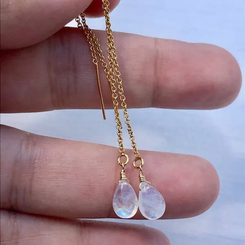 Moonstone Threader Earrings, Rainbow Moonstone Earrings, Minimalist Jewelry, Pull Through Chain Ear Threader, Summer Earrings, Gift for Her