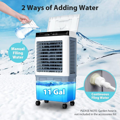 Evaporative Air Cooler, 3500 CFM Swamp Cooler with 11 Gallon Remote, Portable Water Cooling Fan with Scroll Casters, 3 Speed Cooling Fan, 4 Ice Packs for Office Garage Outdoor Commercial