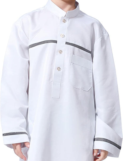 Kids Boys Muslim Thobe Long Sleeve Islamic Arabic Kaftan Robe Middle East Dubai Prayer Outfit with Pocket