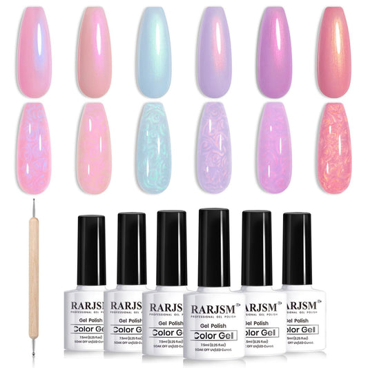 Pearlescent Gel Nail Polish Set Mermaid Dreams Iridescent Shell Glitter Gel Polish 6 Colors Pink Blue Green Purple Gold Shimmer Swirl Thread Effect Soak off LED UV Curing Requires Home Salon