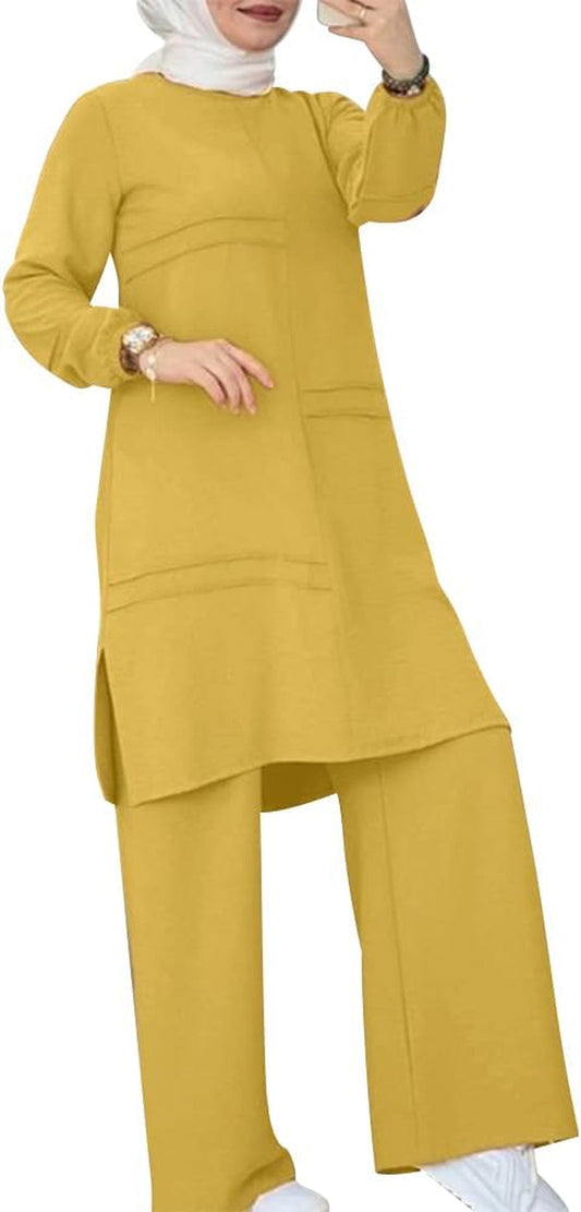 Abayas Dress for Women Muslim Long Sleeve Loose Top Pants 2 Pcs Dubai Islamic Muslim Women Matching Sets