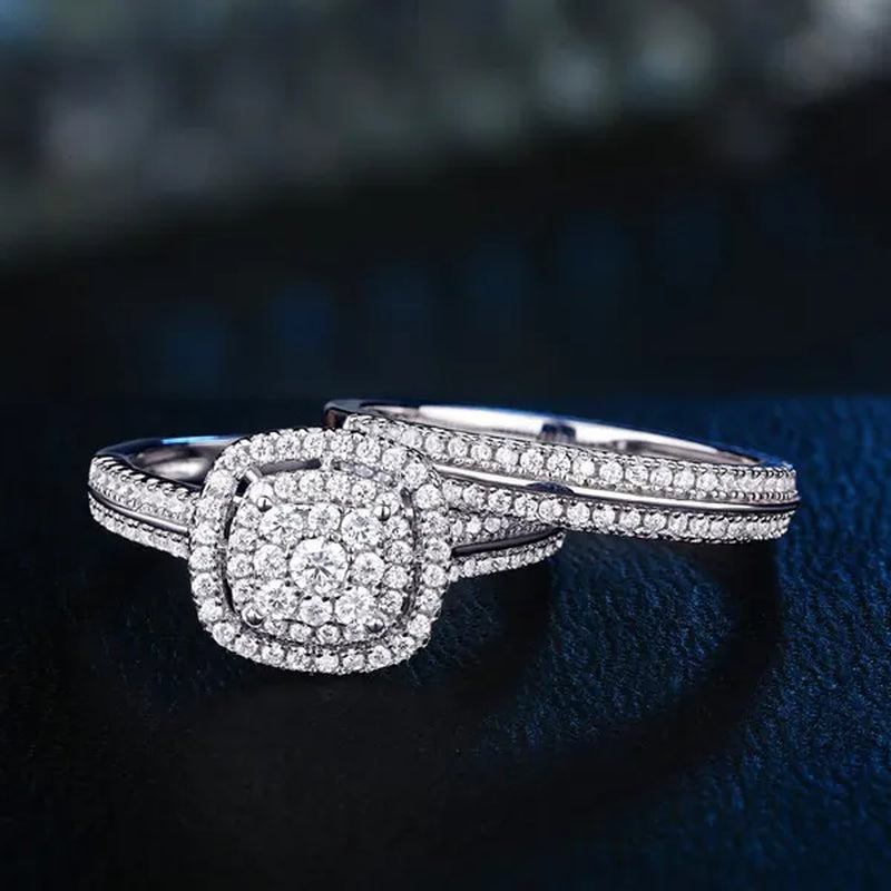 Wedding Rings 2 Pcs/Set Micro Pave Moissanite Square Rings for Women Princess Engagement Proposal Gift