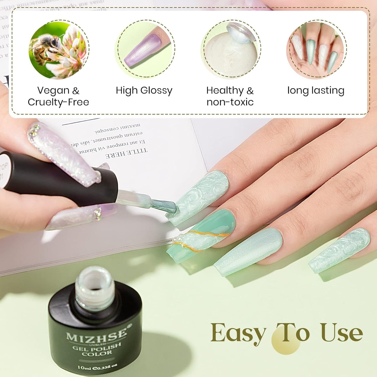 Pearl Top Coat Gel Nail Polish, Mermaid Glitter Nail Gel Polish 2-IN-1 Shiny Shell Thread Drawing Soak off UV LED Nail Gel for Nail Salon Home DIY Manicure 1PC 10Ml