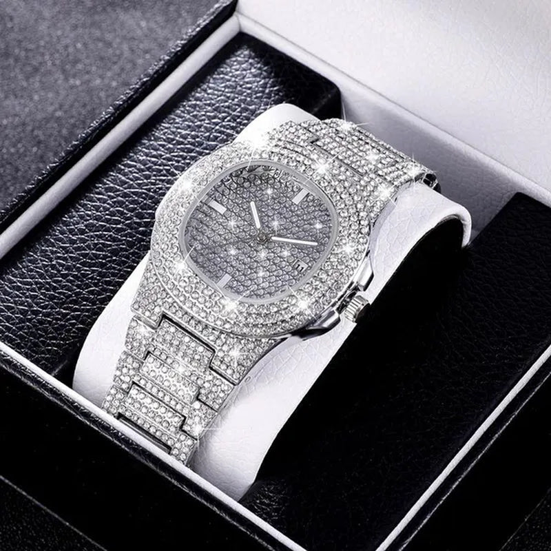 2 Pcs/set Luxury Full Iced Out Watch Mens Cuban Link Chain Bracelet Watch Bling Jewelry for Men Big Gold Chains Hip Hop Men Watch Set