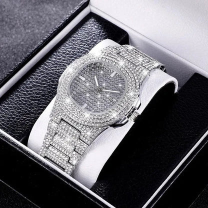 2 Pcs/set Luxury Full Iced Out Watch Mens Cuban Link Chain Bracelet Watch Bling Jewelry for Men Big Gold Chains Hip Hop Men Watch Set