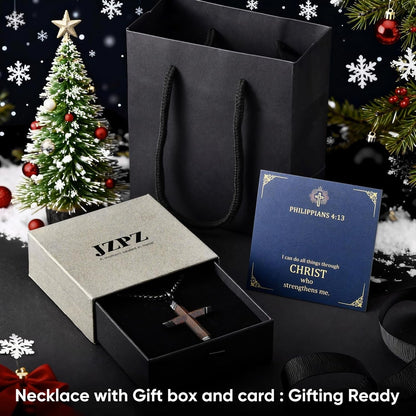 Wooden Cross Necklace for Men : 24'' Strong Chain Wood Christian Crosses Pendant,Silver/Black/Gold Plated Stainless Steel Religious Crucifix,Premium Gift for Him,Son,Husband,Boyfriend,Birthday