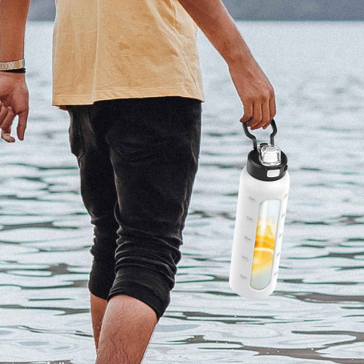 Water Bottle with Straw and Carry Handle, Glass Water Bottle 24 Oz Leak Proof Locking Lid with Soft Silicone Spout, Small Clear Water Bottle, Travel Sports Water Jug, Time Marker, White