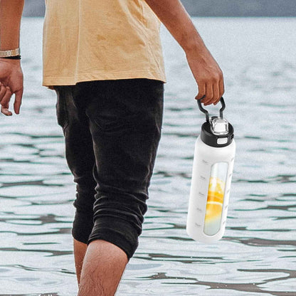 Water Bottle with Straw and Carry Handle, Glass Water Bottle 24 Oz Leak Proof Locking Lid with Soft Silicone Spout, Small Clear Water Bottle, Travel Sports Water Jug, Time Marker, White