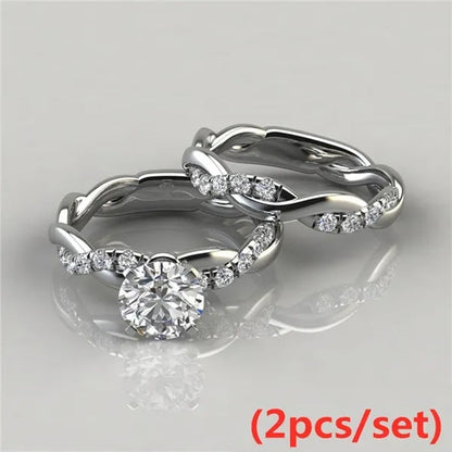 Women's Dainty  Twist Round Cut White Sapphire Ring Set Bridal Engagement Diamond Ring Wedding Band Anniversary Gift Banquet Party Jewelry Ring Size 5-11
