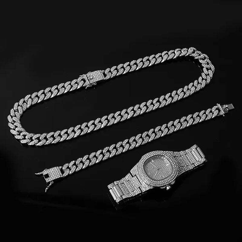 Hip Hop Iced Out Paved Rhinestones 13MM Full Miami Curb Cuban Chain CZ Bling Rapper Necklaces Bracelet Watch for Men Jewelry Set