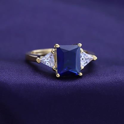 14K Gold Plated 925 Sterling Silver Emerald Cut Blue Sapphire with Trillion White Topaz Ring for Women Statement Jewelry, Gift for Her