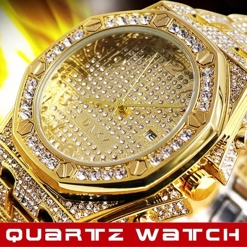 Mens Fashion Watches Luxury Gold Analog Watch Calender Man Hip Hop Bracelet Watch Diamond Quartz Wristwatches