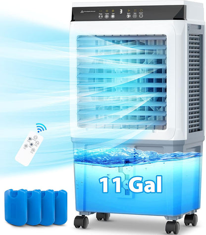 Evaporative Air Cooler, 3500 CFM Swamp Cooler with 11 Gallon Remote, Portable Water Cooling Fan with Scroll Casters, 3 Speed Cooling Fan, 4 Ice Packs for Office Garage Outdoor Commercial