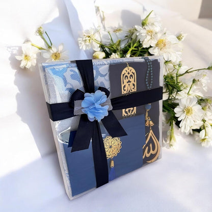 Muslim Prayer Rug, 7 in One Gift Set, Prayer Mat Surah Book, Tasbeeh, Scarf, Surah Case, Bookmark, Car Mirror Hanger, Prayer Beads,Islamic Gift for Umrah, Hajj, Wedding, Janamaz (Blue)