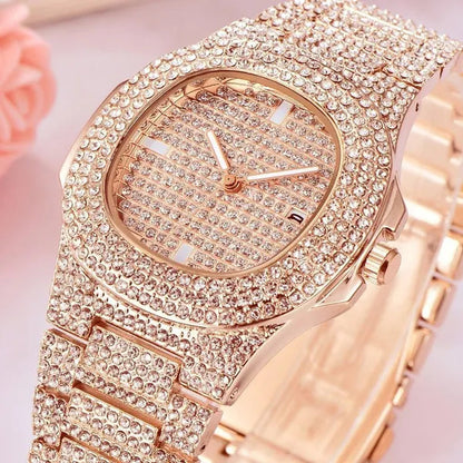 2 Pcs/set Luxury Full Iced Out Watch Mens Cuban Link Chain Bracelet Watch Bling Jewelry for Men Big Gold Chains Hip Hop Men Watch Set