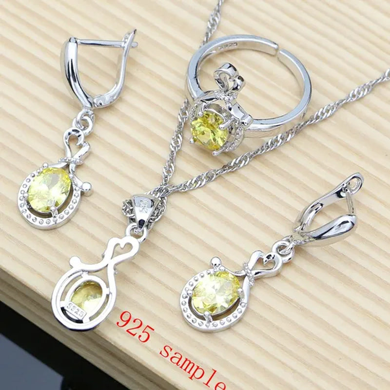 925 Sterling Silver Jewelry Sets Yellow Topaz Gemstone Wedding Women Earrings/Pendant/Necklace/adjustable Ring/Bracelets