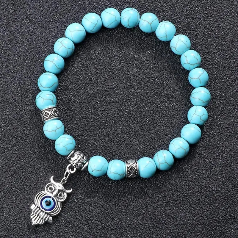 Turkey Evil Eye Beaded Bracelets Butterfly Buddhist Palm Hand Owl Turtle Alloy Pendant Bracelet Women Men Lucky Stretch Bangles Jewelry
