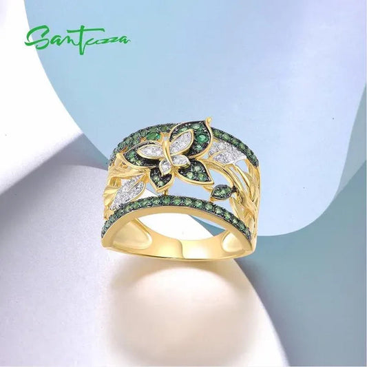 Luxury Exquisite Women's Fashion Gold Plated Cubic Zircon Handmade Green Butterfly Ring Anniversary Gift Engagement Bridal Wedding Jewelry Rings Size 5-10